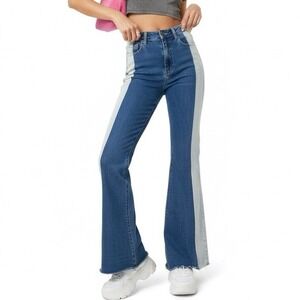Cello Retro Two Tone Flare Jeans Medium Wash High Rise Festival Y2K 70s Size 7
